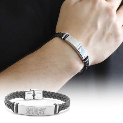 Bracelet Made Of Steel And Leather With A Written Personal Name (Model 2)