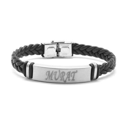 Bracelet Made Of Steel And Leather With A Written Personal Name (Model 2)