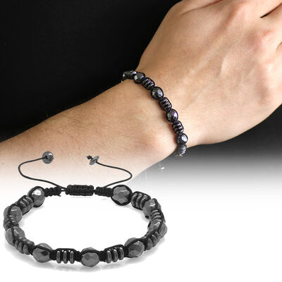 Braided Bracelet Made Of Faceted Hematite And Natural Macrame Stone With Washer And Sphere - 1