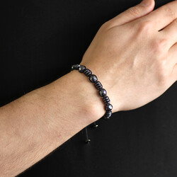 Braided Bracelet Made Of Faceted Hematite And Natural Macrame Stone With Washer And Sphere - 3