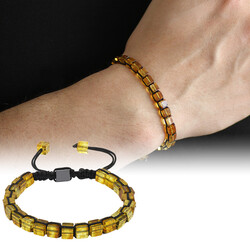 Braided Cube Macrame Yellow Color Natural Amber Men's Bracelet - Thumbnail