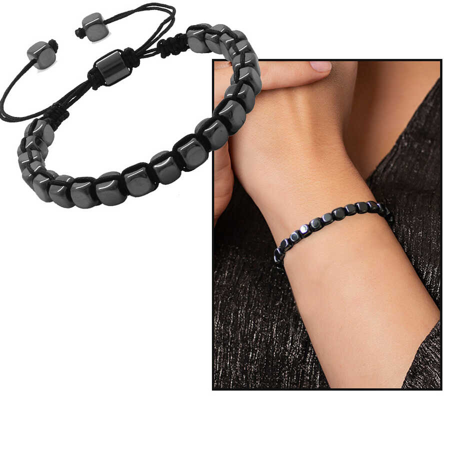 Braided Hematite Bracelet For Women With Natural Capsule-Cut Macrame Stone