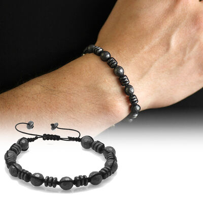 Braided Macrame Bracelet With Faceted Matte Hematite And Natural Stone - 1