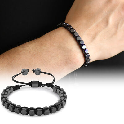 Braided Macrame With Hexagonal Prism, Hematite, Natural Stone, Men's Bracelet - 1