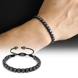 Braided Men's Bracelet Made Of Hematite Cube-Cut Macrame With Natural Stone - 1