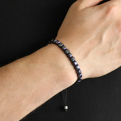 Braided Men's Bracelet Made Of Hematite Cube-Cut Macrame With Natural Stone - 2