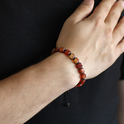 Braided Red Agate Cube-Cut Bracelet With Natural Macrame Stone - 2