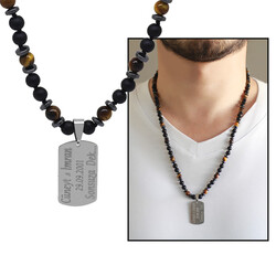 Braided Steel Plate Macrame, Personalized Name / Message Lettering, Men's Tiger Eye And Onyx Natural Stone Necklace - Thumbnail