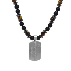 Braided Steel Plate Macrame, Personalized Name / Message Lettering, Men's Tiger Eye And Onyx Natural Stone Necklace - Thumbnail