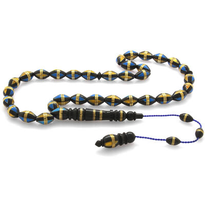 Brass Spiral Barley Barley Cut Coca Rosary Filled With Systematic Yellow-Blue Straps