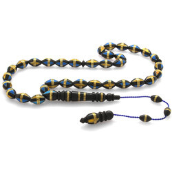 Brass Spiral Barley Barley Cut Coca Rosary Filled With Systematic Yellow-Blue Straps - Thumbnail