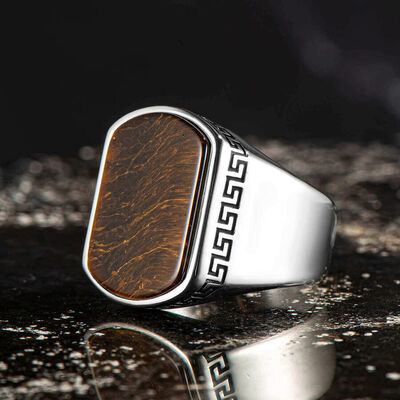 Brown Tiger's Eye Sterling Silver Mens Ring, Simple Model - 1