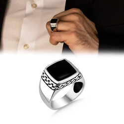 Chain Model Black Onyx Stone Silver Men's Ring - 1