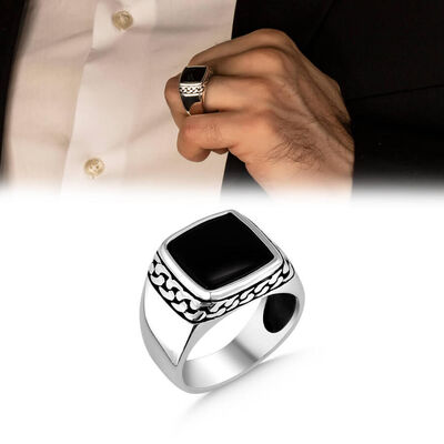Chain Model Black Onyx Stone Silver Men's Ring