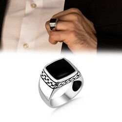 Chain Model Black Onyx Stone Silver Men's Ring - Thumbnail