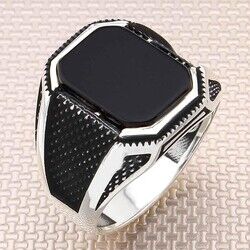 Classic Simple Model Sterling Silver Mens Ring With Black Onyx And Stone - 4