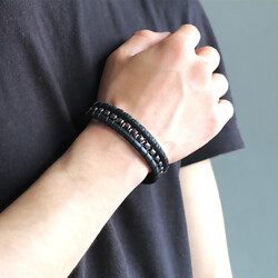 Combination Bracelet For Men İn Black Leather And Steel With A Tarnished Metal Effect - Thumbnail