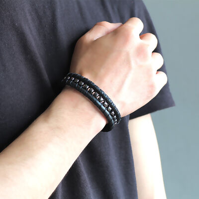 Combination Bracelet For Men İn Black Leather And Steel With A Tarnished Metal Effect
