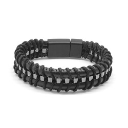 Combination Bracelet For Men İn Black Leather And Steel With A Tarnished Metal Effect - Thumbnail