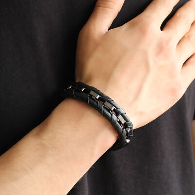 Combination Bracelet For Men İn Black Leather And Steel With Metal Braid And Dull Finish