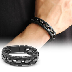Combination Bracelet For Men İn Black Leather And Steel With Metal Braid And Dull Finish - Thumbnail