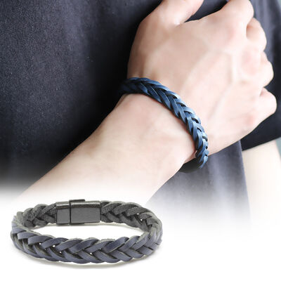 Combination Bracelet For Men İn Leather And Steel Straw Design İn Navy Blue - 1