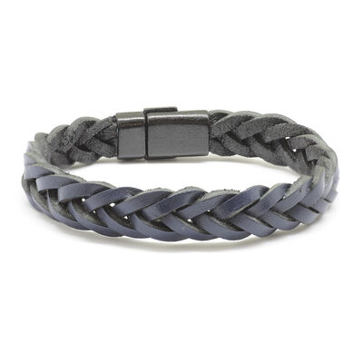 Combination Bracelet For Men İn Leather And Steel Straw Design İn Navy Blue - 3
