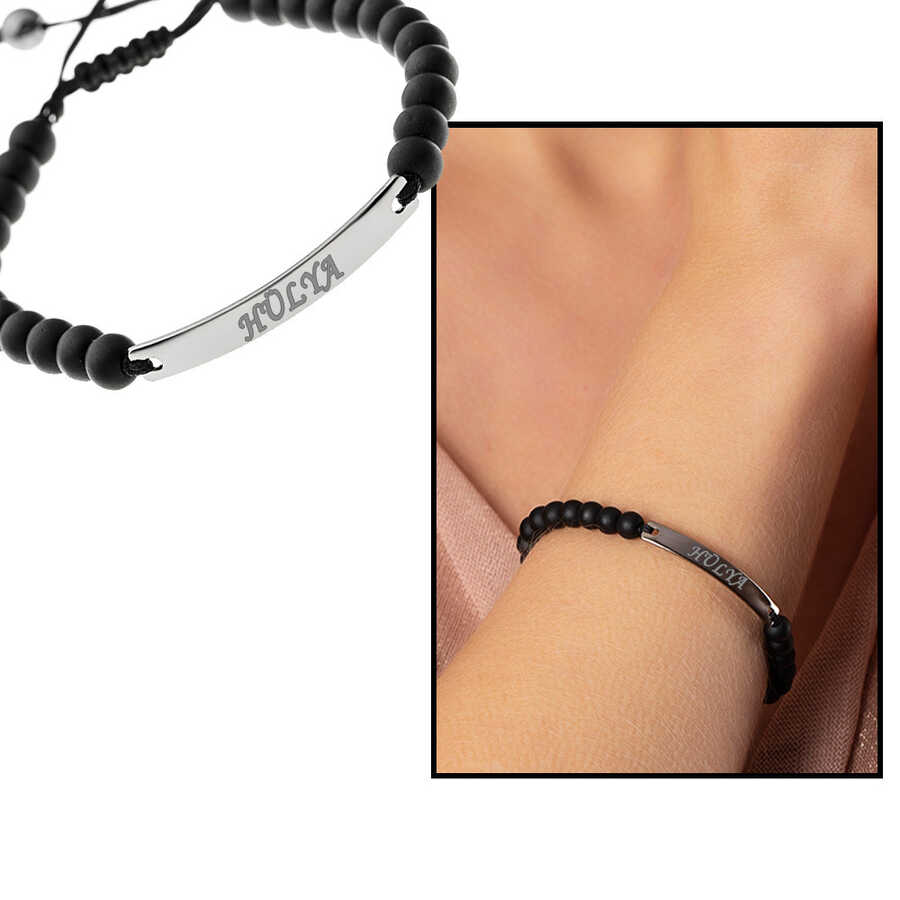 Combined Black Steel Bracelet With Natural Onyx Stone And Written Personal Name