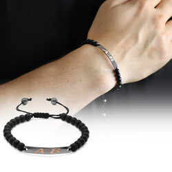 Combined Black Steel Bracelet With Natural Onyx Stone And Written Personal Name - 1