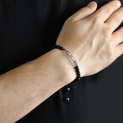 Combined Black Steel Bracelet With Natural Onyx Stone And Written Personal Name - 2