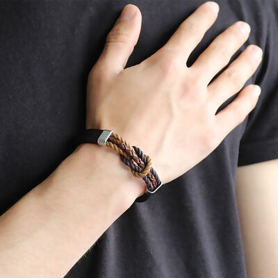 Combined Bracelet For Men İn Brown Leather And Steel With A Knot