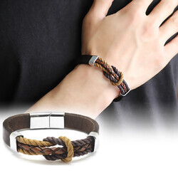 Combined Bracelet For Men İn Brown Leather And Steel With A Knot - Thumbnail