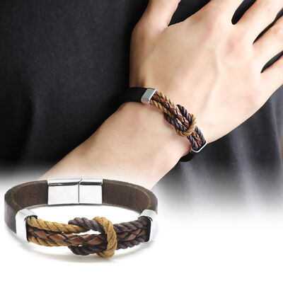 Combined Bracelet For Men İn Brown Leather And Steel With A Knot - 1