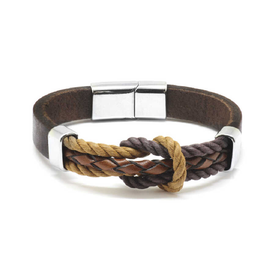 Combined Mens Bracelet İn Dark Blue-Brown Steel And Leather With Double  Straw Design Bracelet Tesbihane