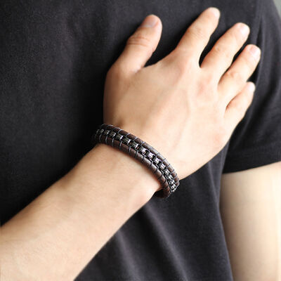 Combined Bracelet For Men İn Brown Leather And Steel With A Metal Design