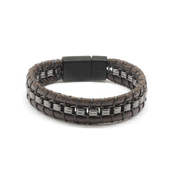 Combined Bracelet For Men İn Brown Leather And Steel With A Metal Design - Thumbnail