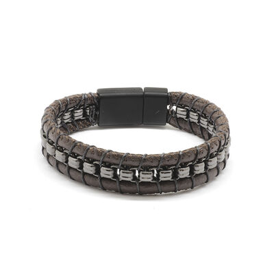 Combined Bracelet For Men İn Brown Leather And Steel With A Metal Design