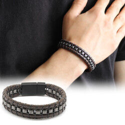 Combined Bracelet For Men İn Brown Leather And Steel With A Metal Design - Thumbnail