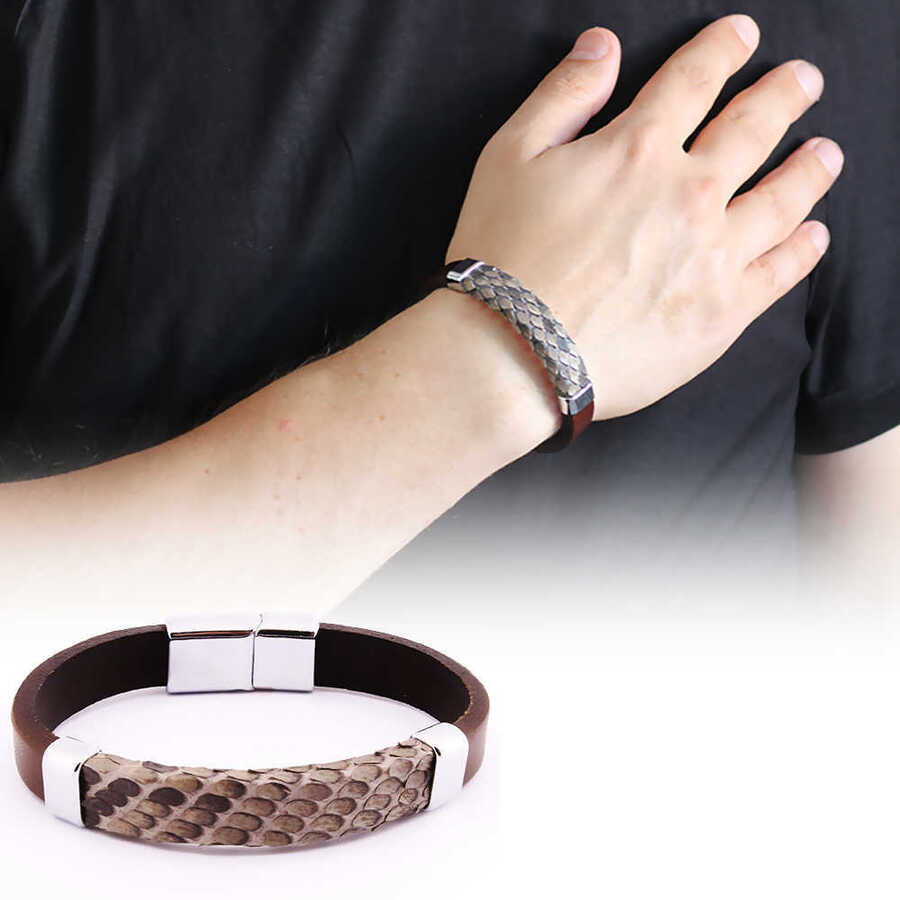 Combined Bracelet For Men İn Steel And Brown Snakeskin