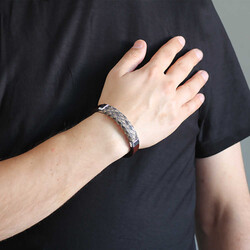 Combined Bracelet For Men İn Steel And Brown Snakeskin - Thumbnail