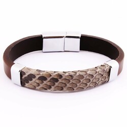 Combined Bracelet For Men İn Steel And Brown Snakeskin - Thumbnail