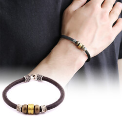 Combined Bracelet For Men İn Steel And Leather With An Elegant Design - Thumbnail