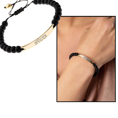 Combined Gold Bracelet İn Steel With Natural Onyx Stone And Personalized Written Name