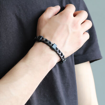 Combined Men's Bracelet İn Black Leather And Steel With A Metal Chain And A Dull Weave
