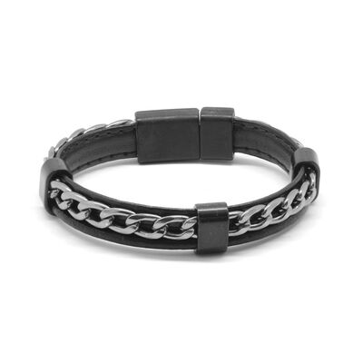Combined Men's Bracelet İn Black Leather And Steel With A Metal Chain And A Dull Weave