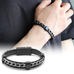 Combined Men's Bracelet İn Black Leather And Steel With A Metal Chain And A Dull Weave - Thumbnail