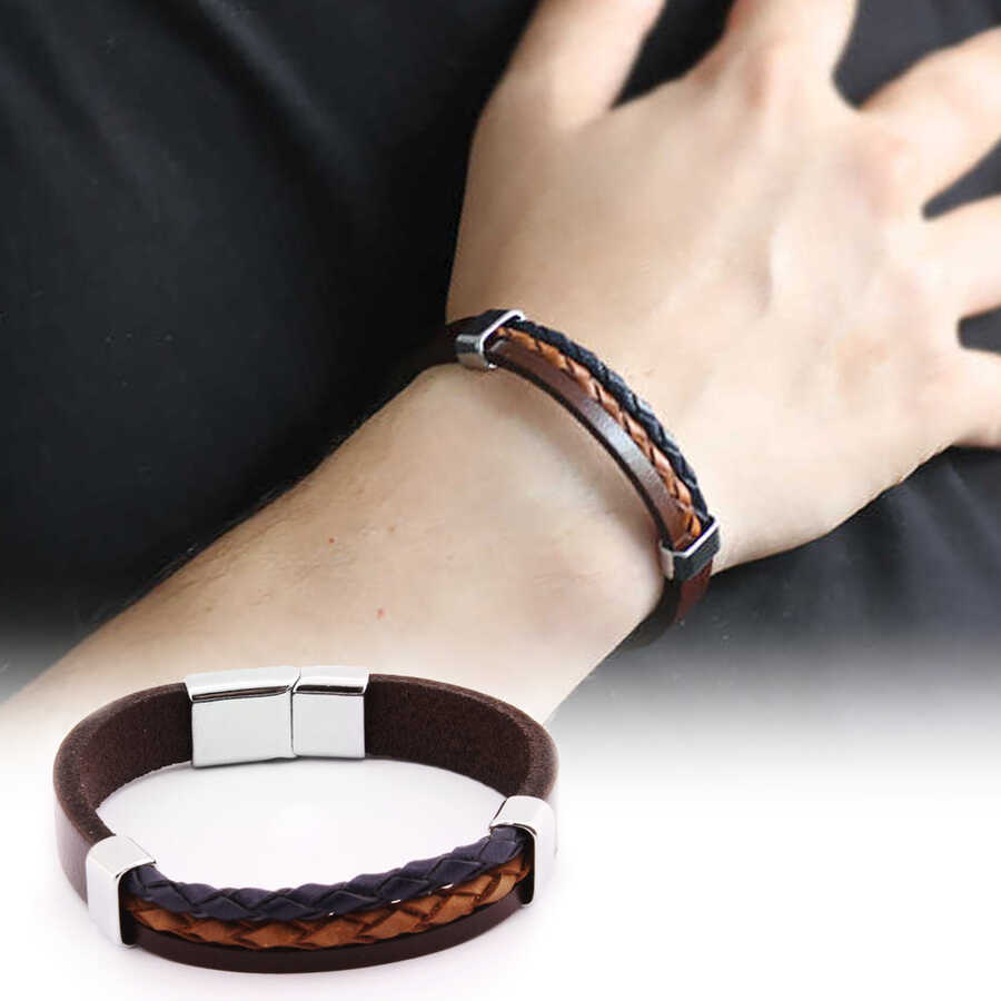 Combined Mens Bracelet İn Dark Blue-Brown Steel And Leather With Double Straw Design