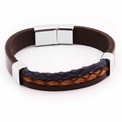 Combined Mens Bracelet İn Dark Blue-Brown Steel And Leather With Double Straw Design - Thumbnail