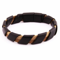 Combined Men's Bracelet İn Steel And Leather With A Spiral Design, Black-Brown - Thumbnail