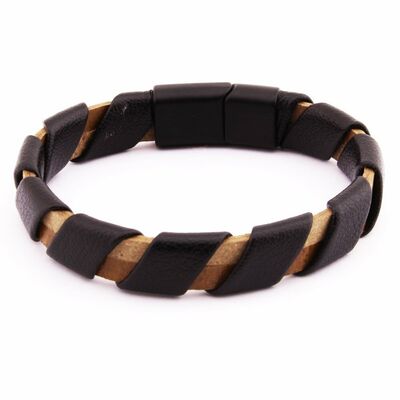 Combined Men's Bracelet İn Steel And Leather With A Spiral Design, Black-Brown